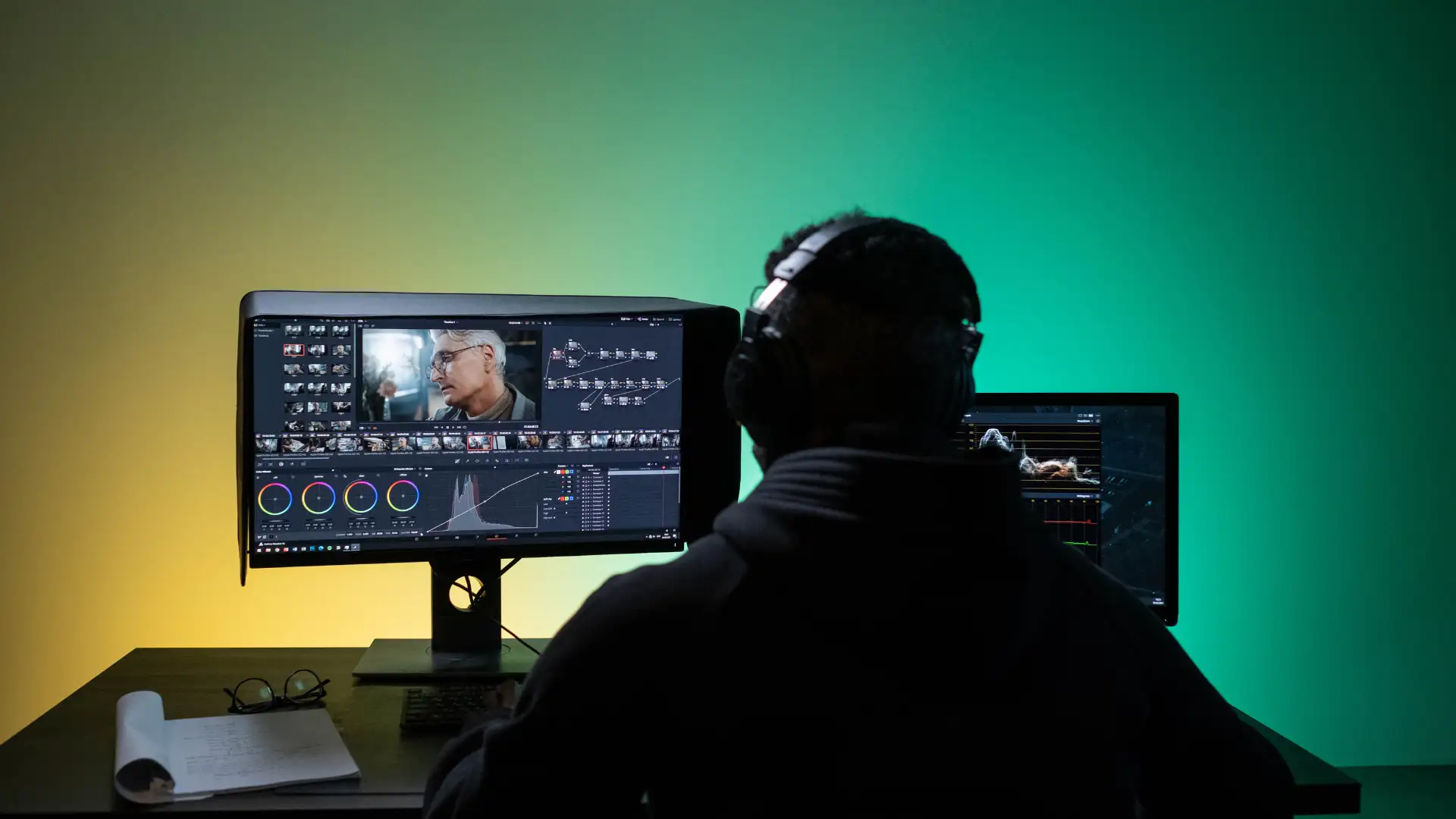 A VFX artist editing a cinematic scene on dual monitors using professional software, showcasing color grading and visual effects workflows in a creative studio environment representing the dynamic career opportunities in animation and VFX.