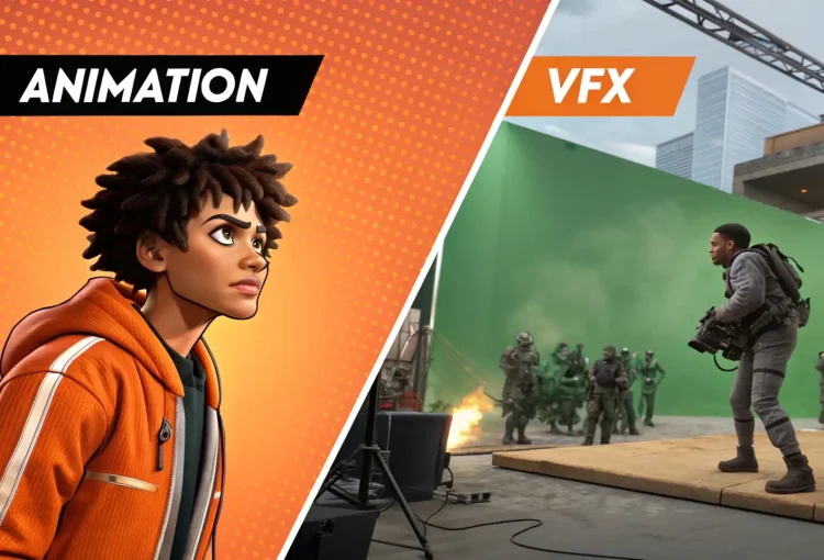 Split-screen banner showing Animation vs VFX on the left, a stylized animated character; on the right, a VFX green screen shoot with actors in military gear representing the difference between animation and visual effects in an Animation and VFX course.