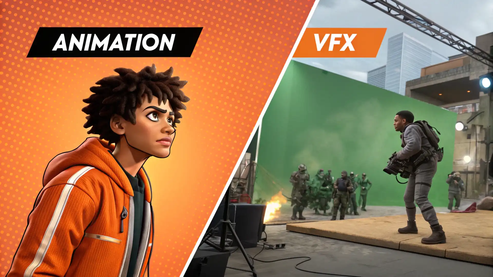 Split-screen banner showing Animation vs VFX on the left, a stylized animated character; on the right, a VFX green screen shoot with actors in military gear representing the difference between animation and visual effects in an Animation and VFX course.