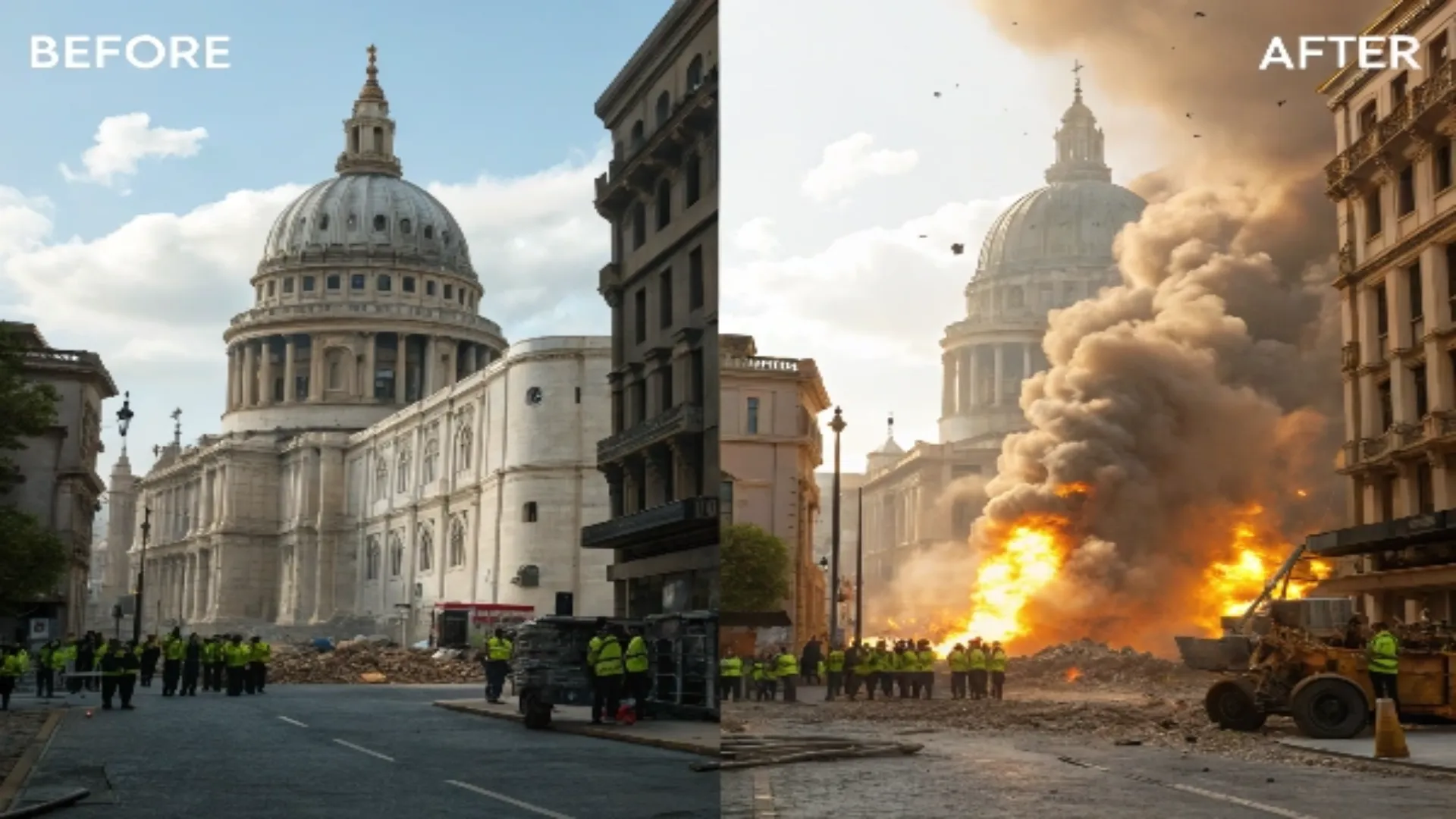 Side-by-side comparison showing a city street in front of a large domed cathedral building. The "Before" image shows a calm scene with people in safety vests standing among debris. The "After" image depicts a dramatic explosion with fire and thick smoke rising, suggesting a visual effects transformation.