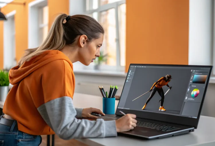A young woman in an orange and gray hoodie using a stylus to work on a 3D character animation on a laptop in a modern, brightly lit office with orange walls and large windows.