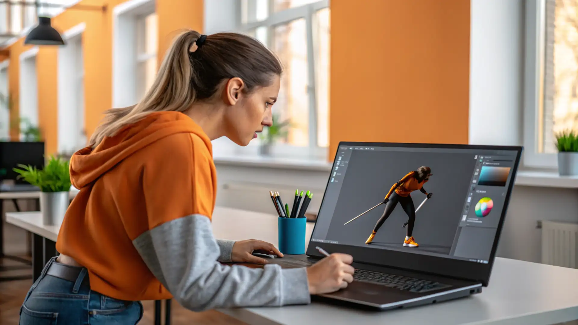 A young woman in an orange and gray hoodie using a stylus to work on a 3D character animation on a laptop in a modern, brightly lit office with orange walls and large windows.