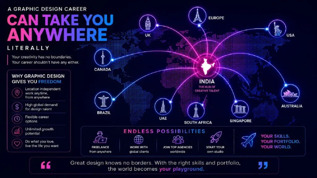 Infographic illustrating how a graphic design career creates global opportunities, featuring a world map with India as a central creative hub connected to countries including the USA, UK, Europe, Canada, Brazil, UAE, Singapore, South Africa, and Australia. The design highlights benefits such as remote work, global demand, career flexibility, freelancing, agency jobs, and entrepreneurship using neon blue and pink visual elements on a dark background.