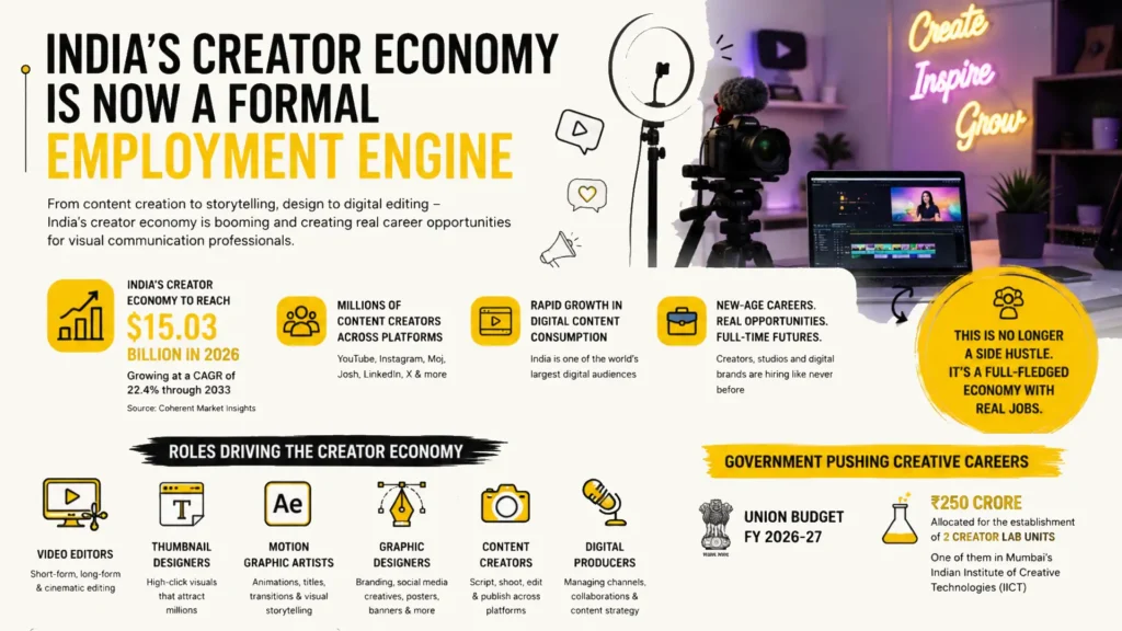 Infographic highlighting the growth of India’s creator economy as a formal employment engine. It features statistics on market growth, content creator opportunities, digital content consumption, government support, and careers such as video editors, thumbnail designers, motion graphic artists, graphic designers, content creators, and digital producers.