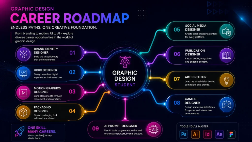 Graphic Design Career Roadmap infographic showing multiple career paths branching from a Graphic Design Student, including Brand Identity Designer, UI/UX Designer, Motion Graphics Designer, Packaging Designer, Social Media Designer, Publication Designer, Art Director, Game UI Designer, and AI Prompt Designer. The design features neon-colored pathways on a dark background with Adobe Photoshop, Illustrator, InDesign, After Effects, and Figma tools displayed at the bottom.