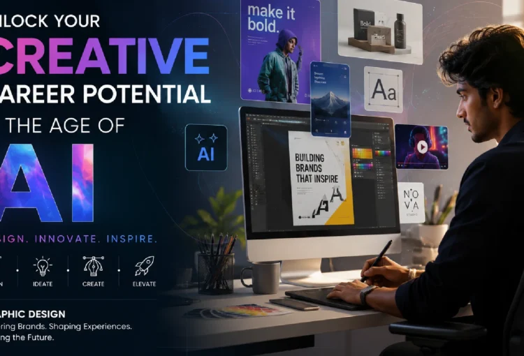 Promotional graphic showing a graphic designer working at a computer with creative projects displayed on screen, including branding, typography, UI design, and digital content. The visual highlights the message “Unlock Your Creative Career Potential in the Age of AI” with futuristic design elements, AI iconography, and examples of modern graphic design work in a professional studio environment.