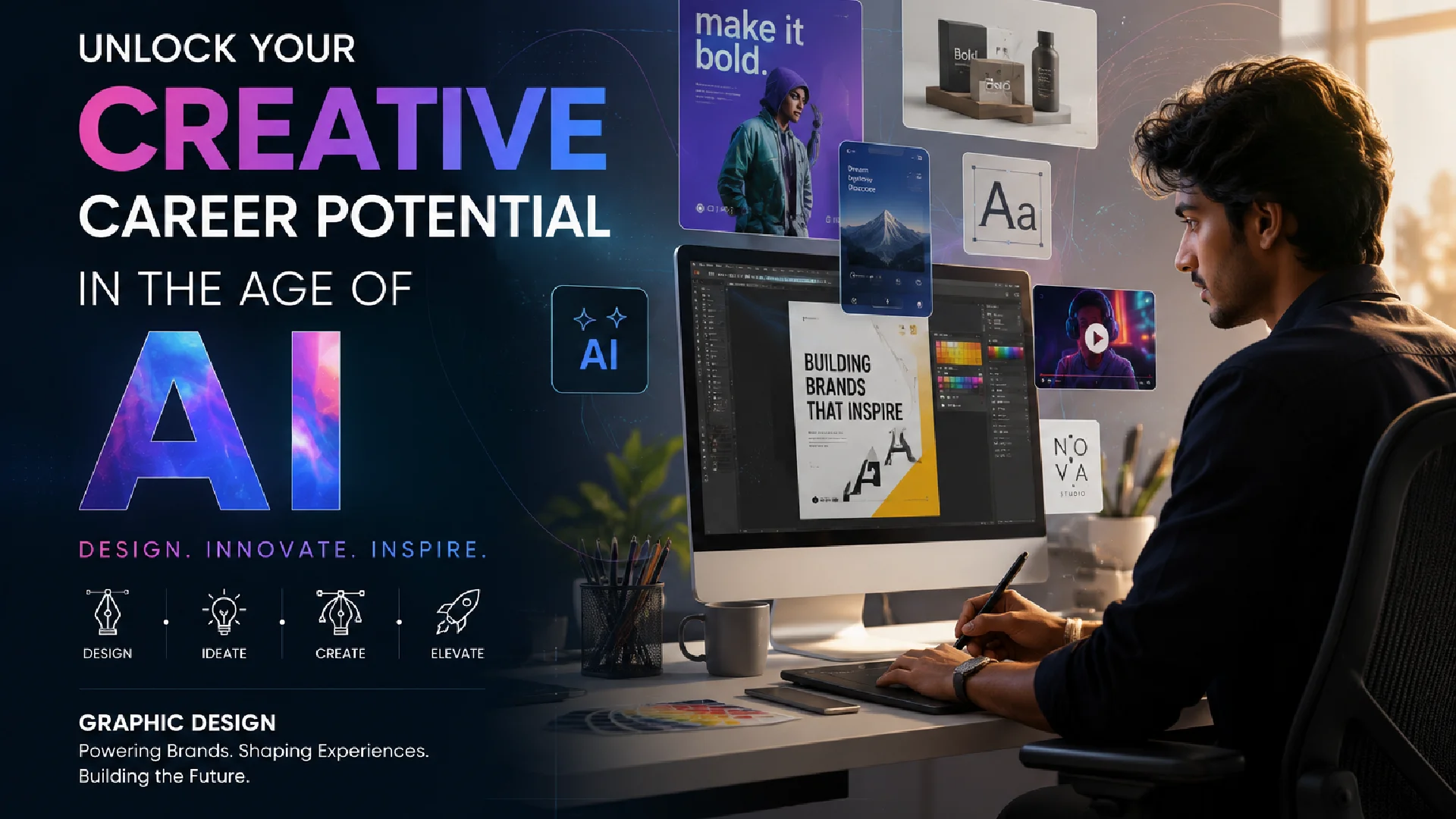 Promotional graphic showing a graphic designer working at a computer with creative projects displayed on screen, including branding, typography, UI design, and digital content. The visual highlights the message “Unlock Your Creative Career Potential in the Age of AI” with futuristic design elements, AI iconography, and examples of modern graphic design work in a professional studio environment.