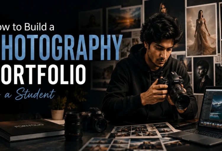 A student photographer is reviewing a DSLR camera while building a photography portfolio, with printed photographs, editing software on a laptop, and a wall of portrait images in a modern creative studio. Text reads: "How to Build a Photography Portfolio as a Student."