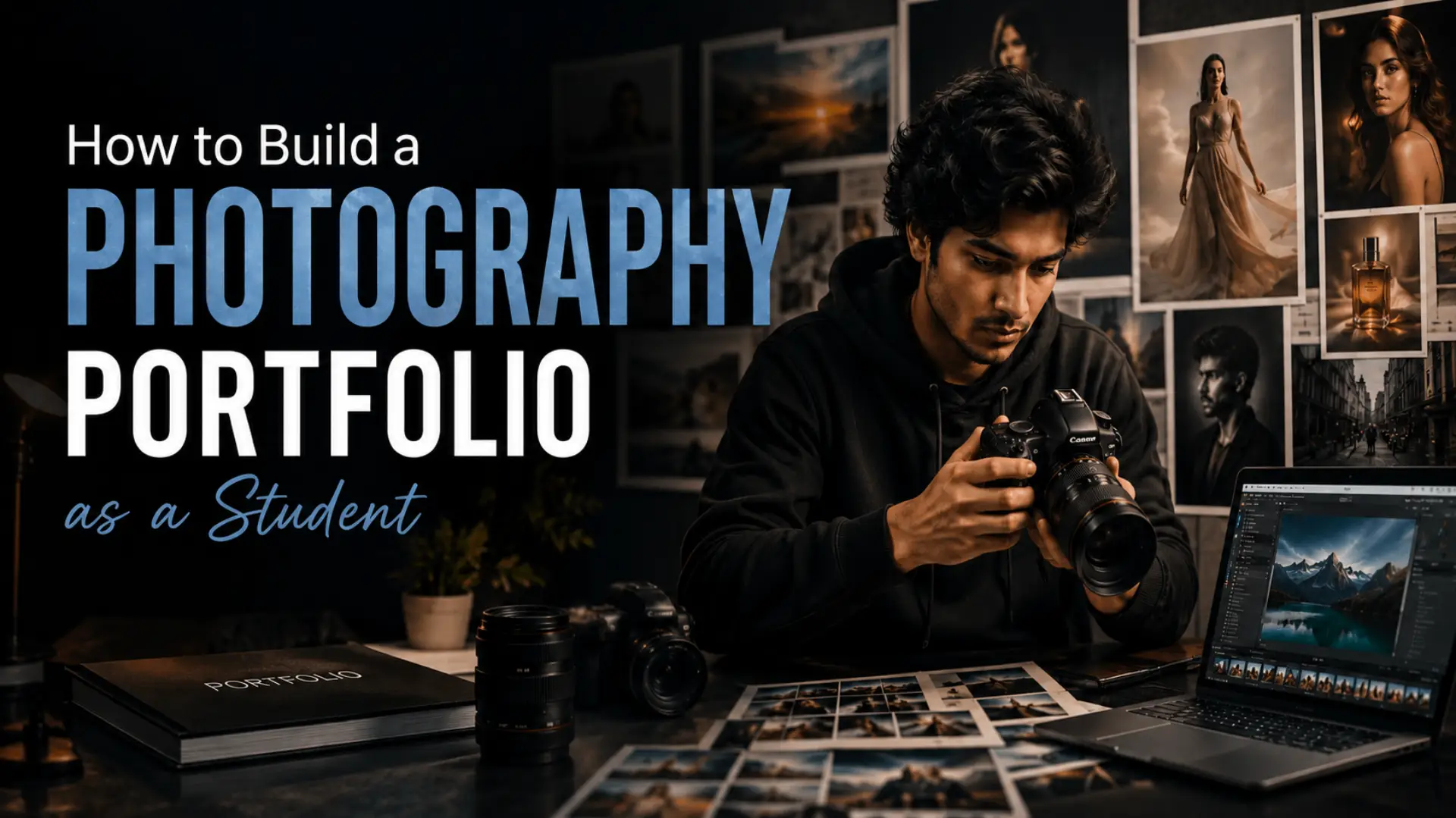 A student photographer is reviewing a DSLR camera while building a photography portfolio, with printed photographs, editing software on a laptop, and a wall of portrait images in a modern creative studio. Text reads: "How to Build a Photography Portfolio as a Student."
