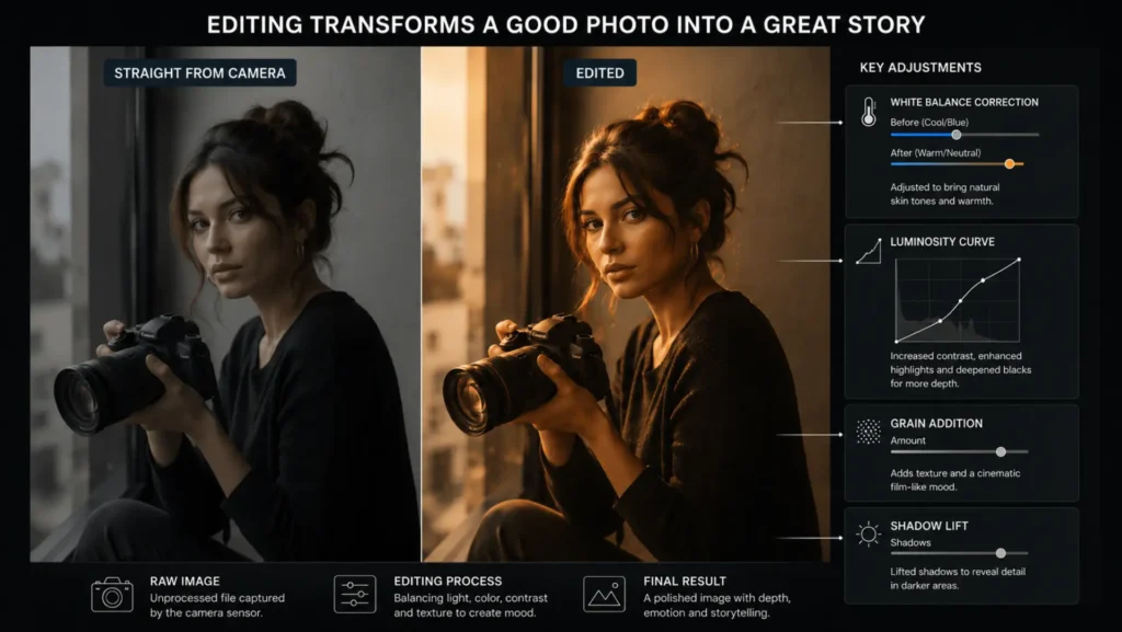 Side-by-side comparison of a RAW camera image and an edited portrait demonstrating professional photo editing techniques, including white balance correction, luminosity curve adjustments, grain addition, and shadow lifting to create a cinematic final image.