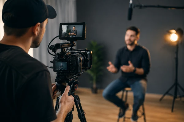 Student operating a professional video camera during a hands-on videography class with studio lighting and interview setup.