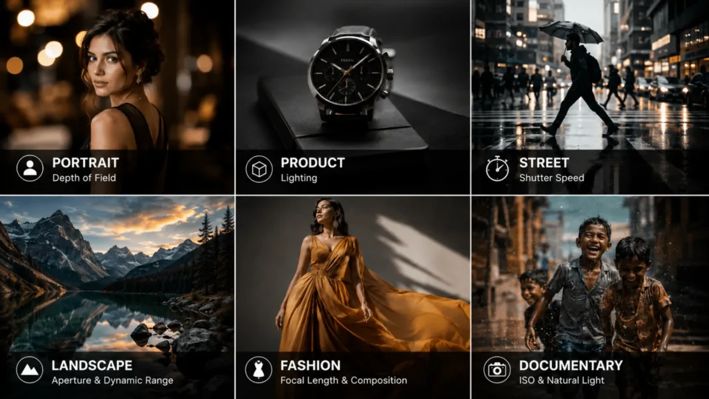 Six-panel photography guide showcasing different photography genres: portrait (depth of field), product (lighting), street (shutter speed), landscape (aperture and dynamic range), fashion (focal length and composition), and documentary (ISO and natural light).