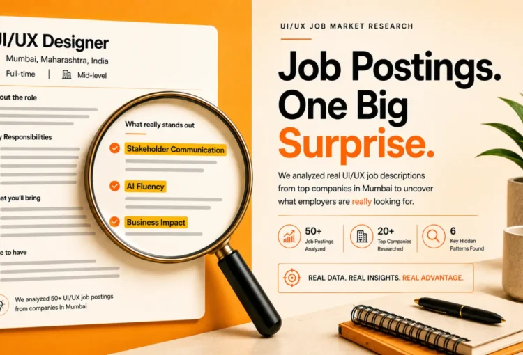 UI/UX job market research infographic showing a UI/UX designer job description analysis, key hiring skills, and insights from 50+ job postings in Mumbai.