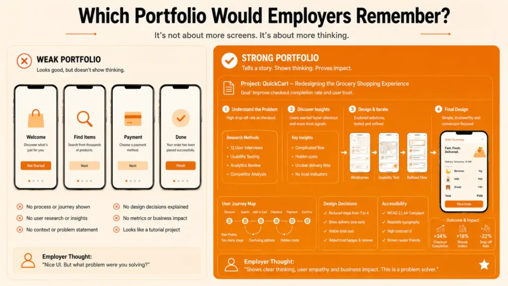 Comparison infographic showing a weak UI/UX portfolio versus a strong UX case study, highlighting employer expectations such as user research, design process, problem-solving, accessibility, and measurable business impact.