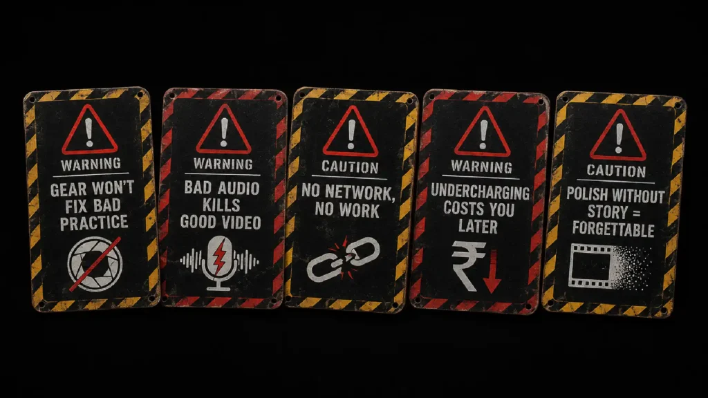 Five videography warning signs highlighting common mistakes with gear, audio, networking, pricing, and storytelling