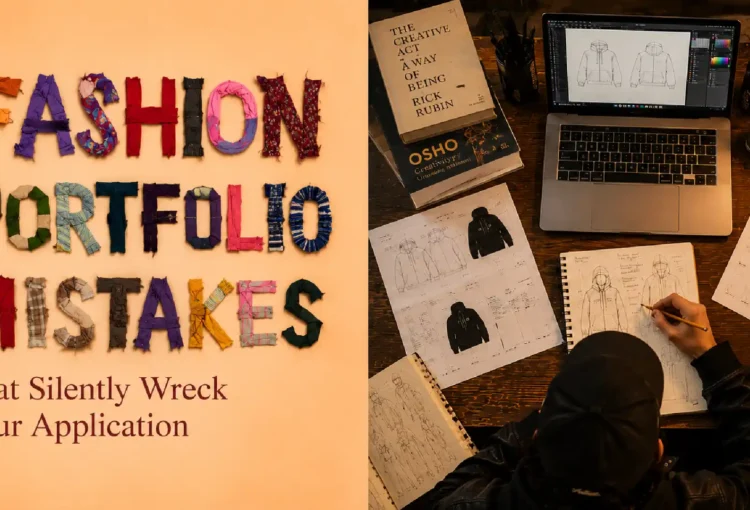 Student working on fashion portfolio sketches and digital garment designs alongside a creative workspace illustrating common fashion portfolio mistakes to avoid