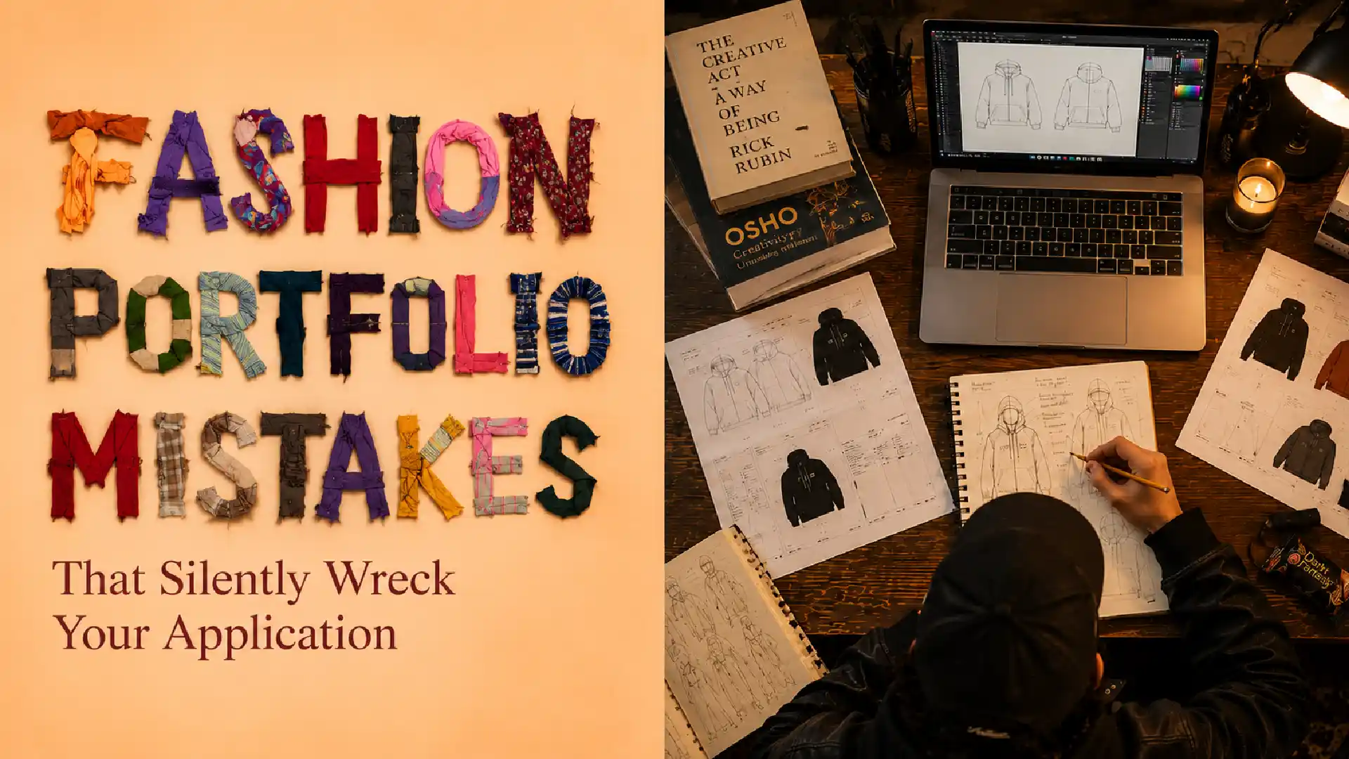 Student working on fashion portfolio sketches and digital garment designs alongside a creative workspace illustrating common fashion portfolio mistakes to avoid