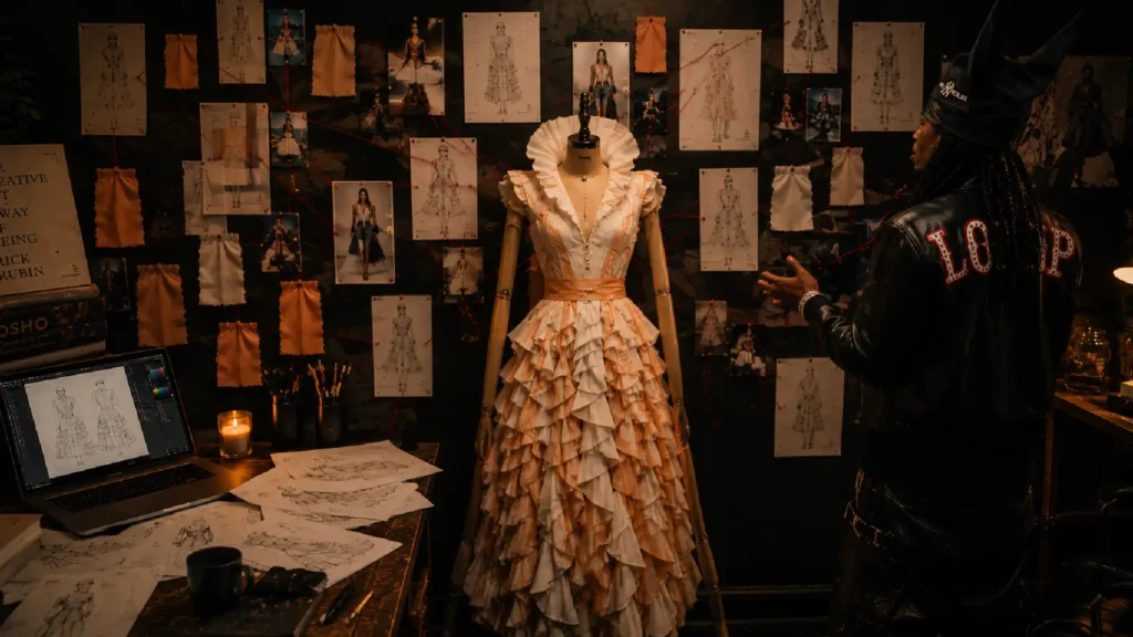Fashion design student reviewing a couture dress on a mannequin with fashion sketches, mood boards, fabric swatches, and digital design software in a professional creative studio.