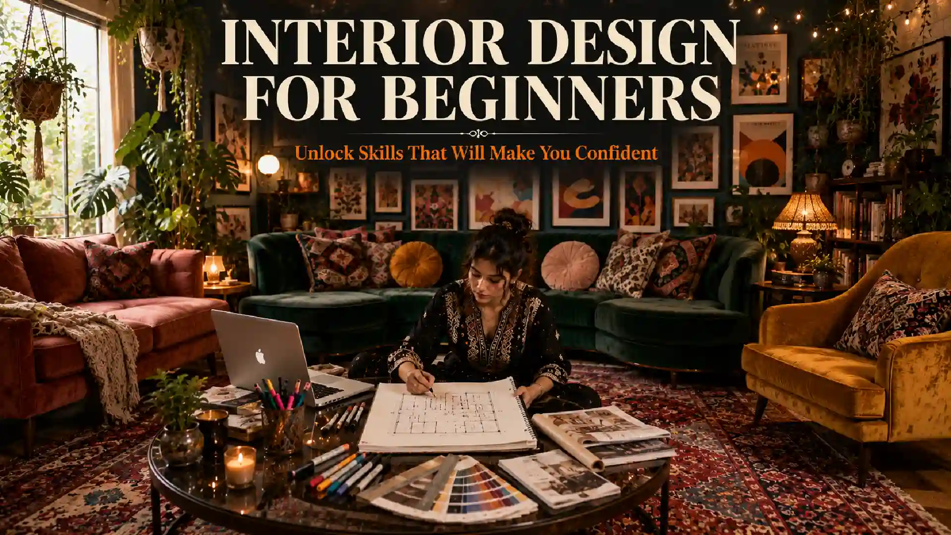 Interior design courses for beginners with a student creating a room design plan