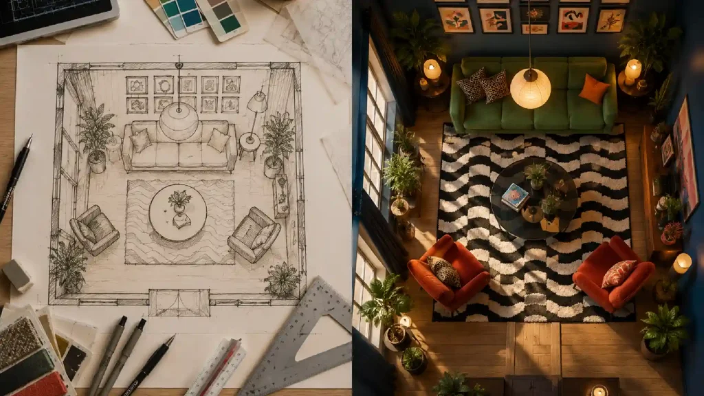 Interior design floor plan sketch alongside a finished living room design