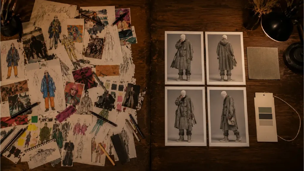 Top-down view of a fashion portfolio featuring mood boards, concept sketches, fabric swatches, color palette samples, and garment design presentation sheets on a designer's workspace.
