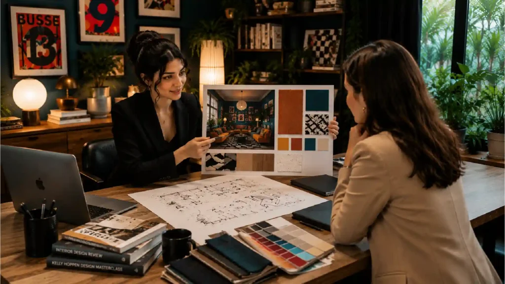 Interior design course student discussing a room design concept with a mentor using mood boards and floor plans