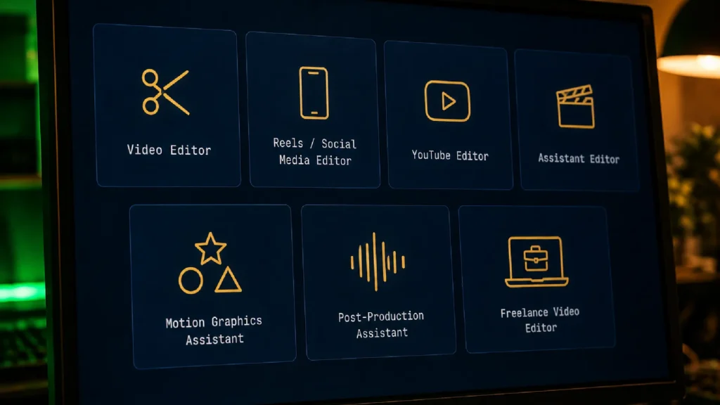 Video editing career options displayed on screen, including video editor, social media editor, YouTube editor, motion graphics assistant, post-production assistant, and freelance video editor.