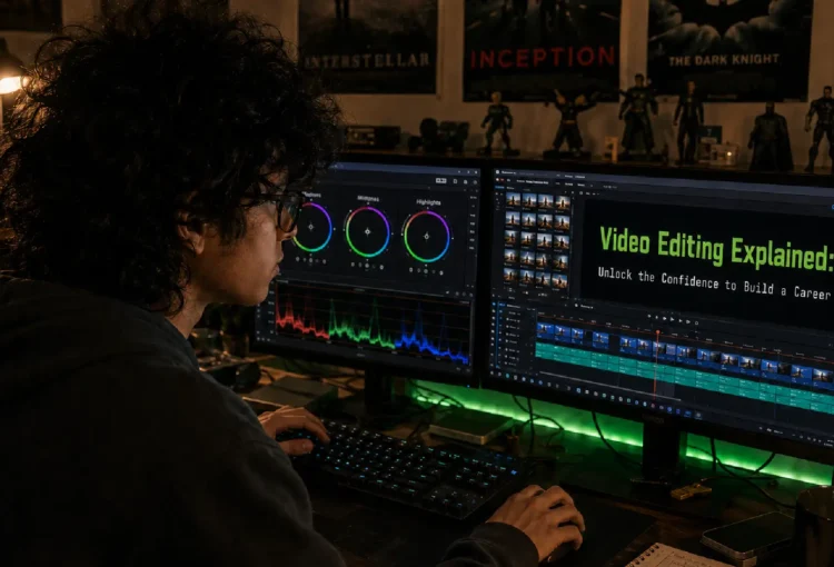 Student working on dual monitors with professional video editing software and colour grading tools, learning video editing skills to build a creative career.