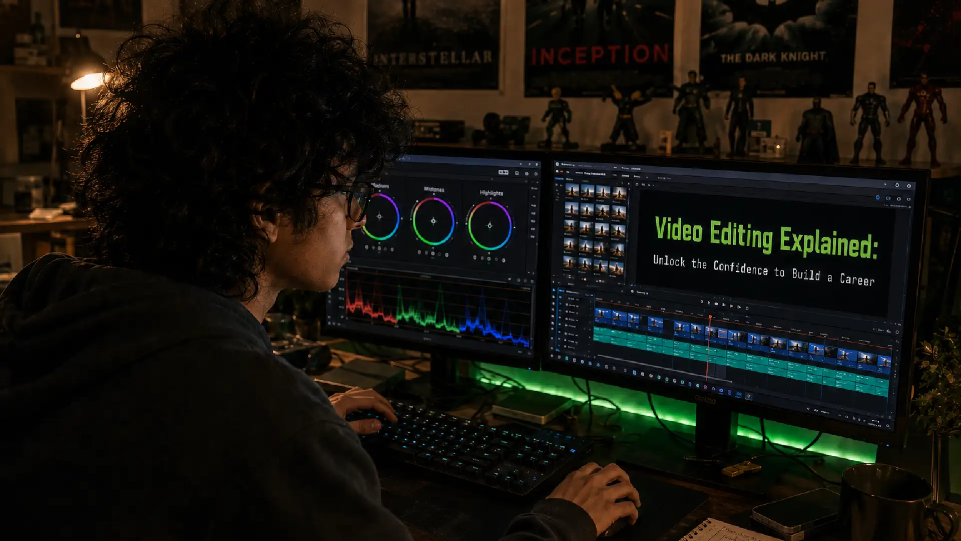 Student working on dual monitors with professional video editing software and colour grading tools, learning video editing skills to build a creative career.
