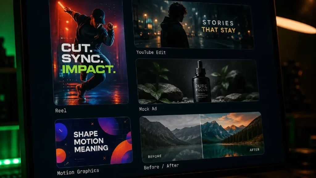 Creative video editing portfolio examples displayed on screen, including a social media reel, YouTube edit, product mock ad, motion graphics, and before-and-after colour grading.