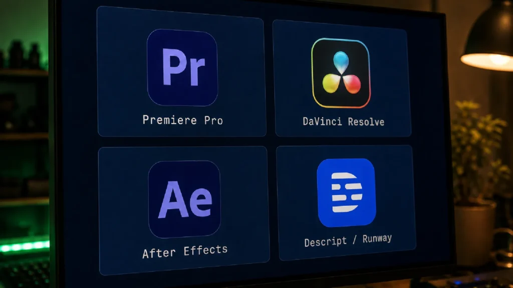 Video editing software tools displayed on a monitor, featuring Premiere Pro, DaVinci Resolve, After Effects, and AI-powered editing tools.