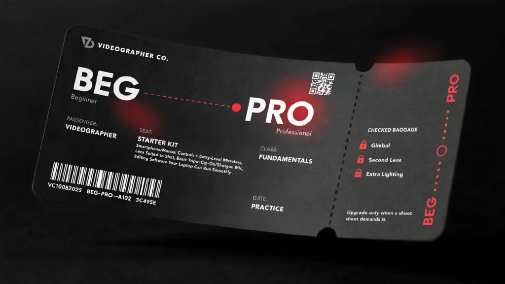 Videography beginner to pro concept featuring a ticket-style guide with essential equipment and professional videography skills