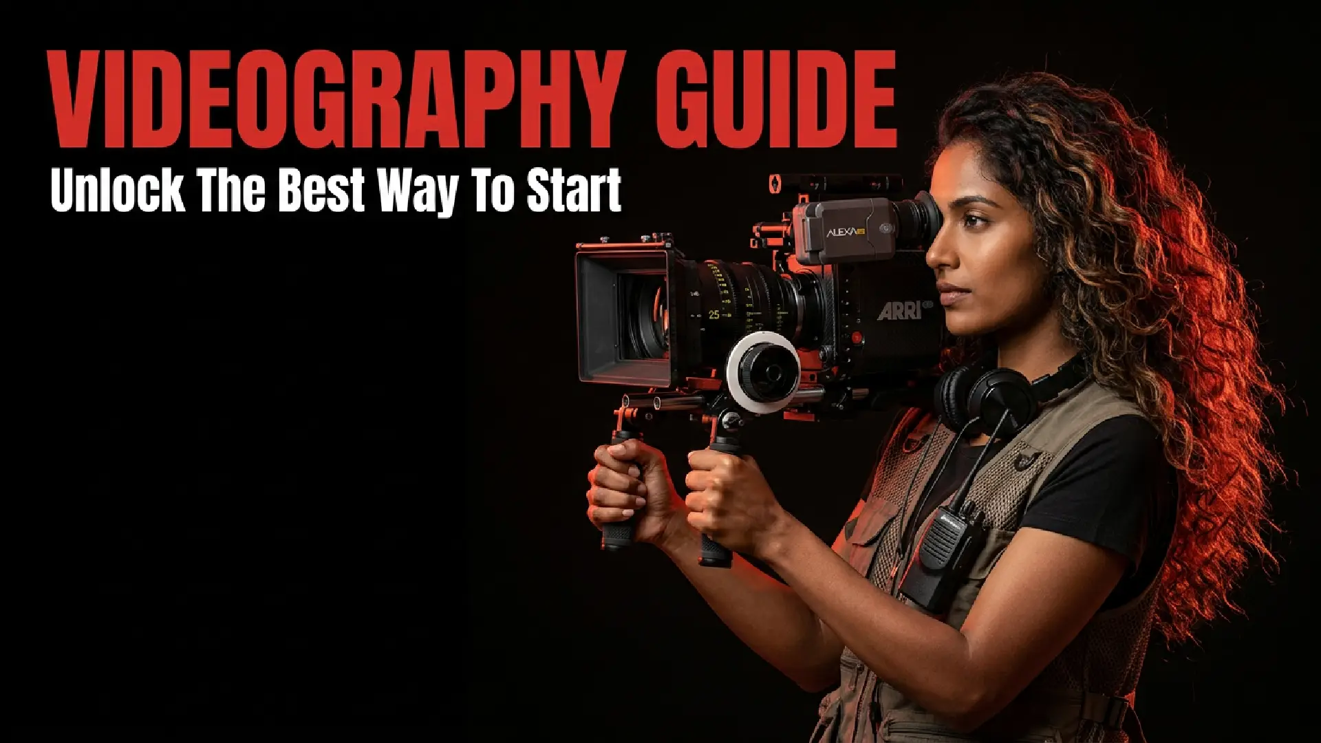 Videography guide featuring a female videographer operating a professional cinema camera