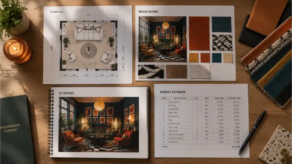 Interior design project showing a floor plan, mood board, 3D room render, and budget estimate