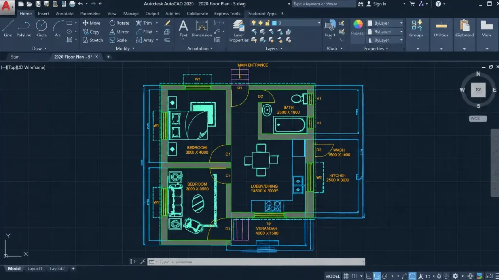 AutoCAD 2D floor plan showing bedrooms, bathroom, kitchen, dining area, doors, windows, furniture, and dimensions.