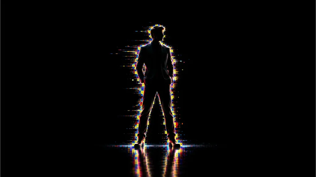 A confident professional standing against a dark background, representing self-confidence and personal growth.