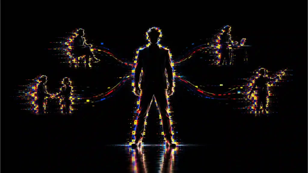 A creative professional standing confidently at the center, connected to people working in different creative fields.