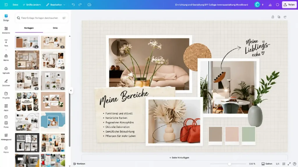 Canva interior design mood board with room photos, decor ideas, and color palettes