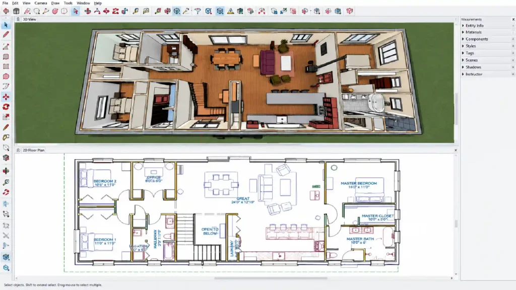 Chief Architect software showing a 3D house floor plan with furnished rooms and a detailed 2D layout.