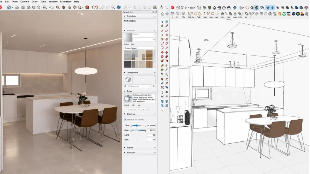 Enscape interior design visualization of a modern kitchen and dining area