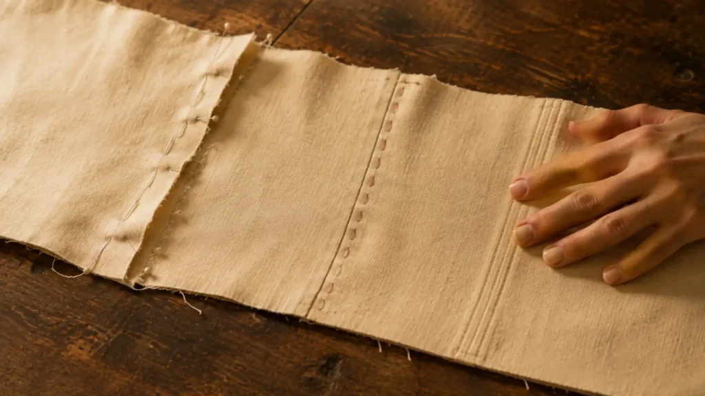 Close-up of fabric being pinned and stitched on a wooden worktable during fashion design and garment-making practice.