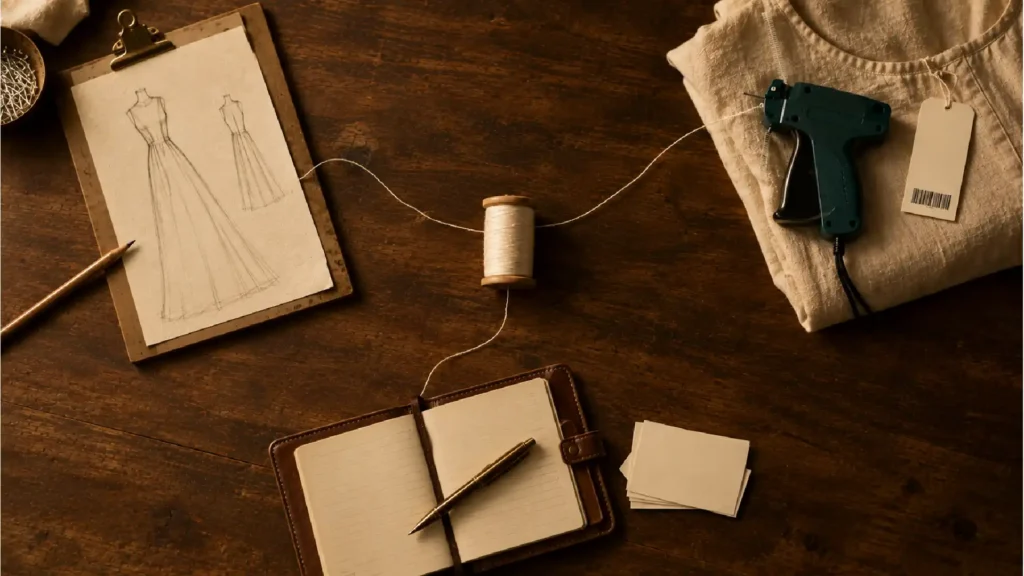 Fashion design workspace with garment sketches, thread spool, fabric, notebook, pencil, and sewing tools arranged on a wooden table.