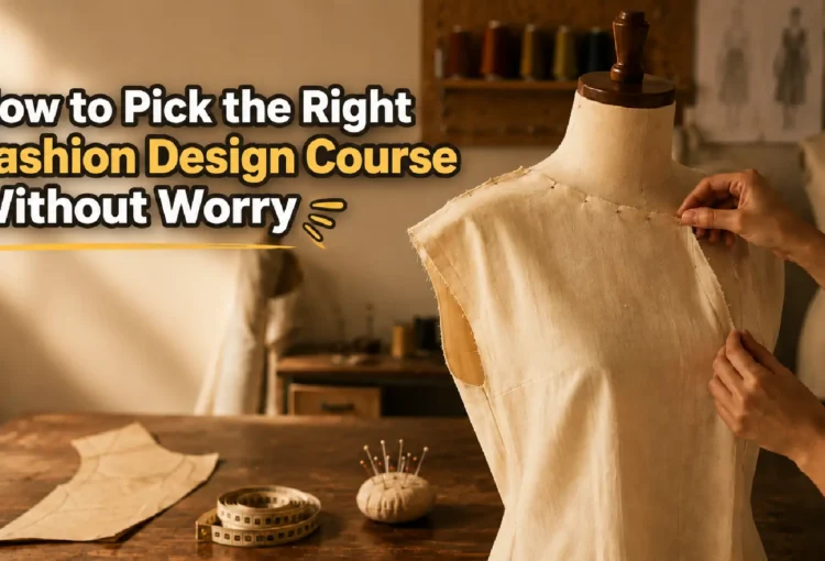 Fashion designer adjusting a muslin garment on a mannequin in a sewing studio while learning about choosing the right fashion design course.