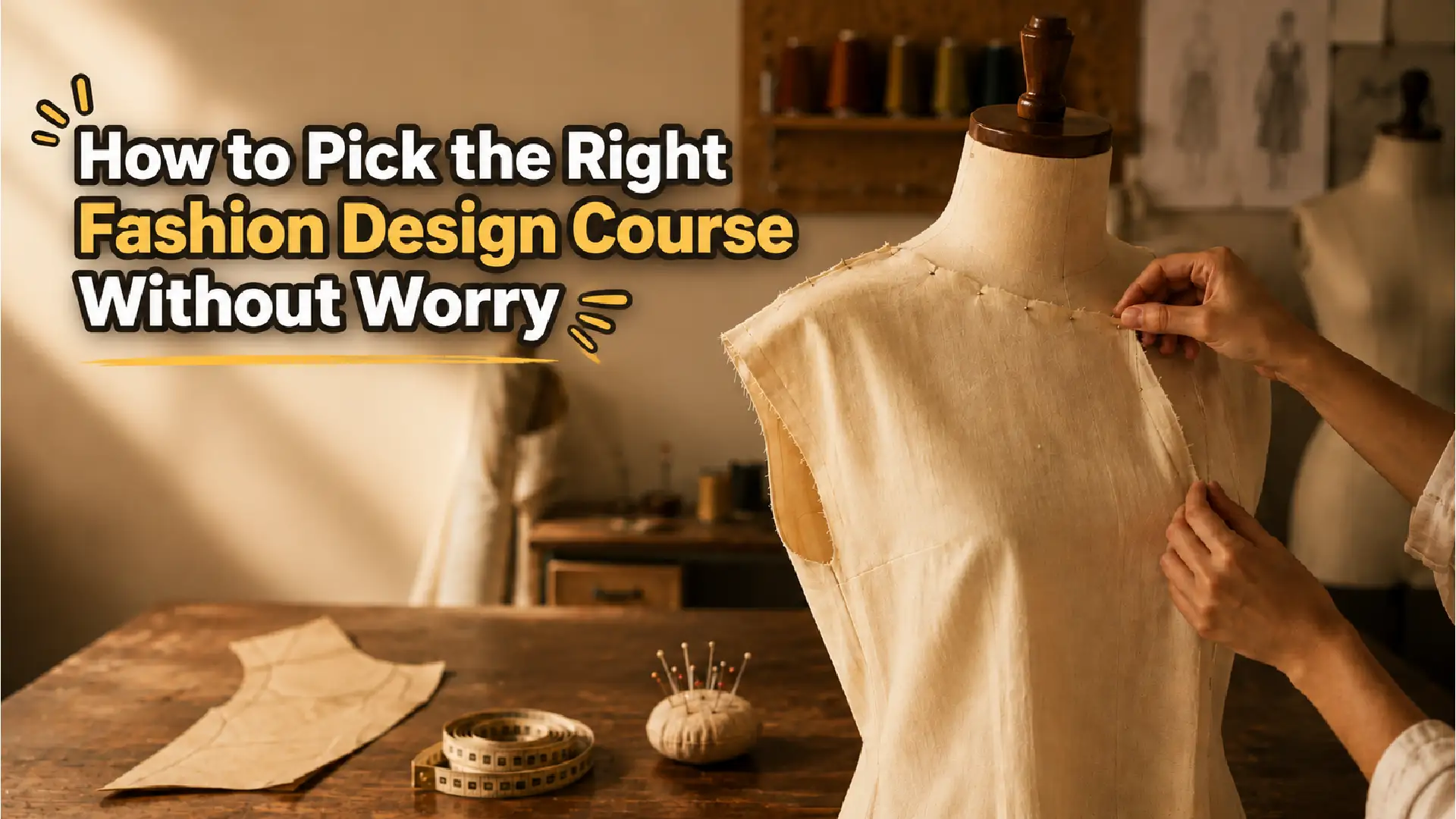 Fashion designer adjusting a muslin garment on a mannequin in a sewing studio while learning about choosing the right fashion design course.