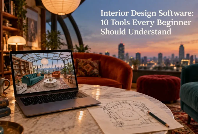 Interior design software displayed on a laptop alongside an interior floor plan in a modern living room.