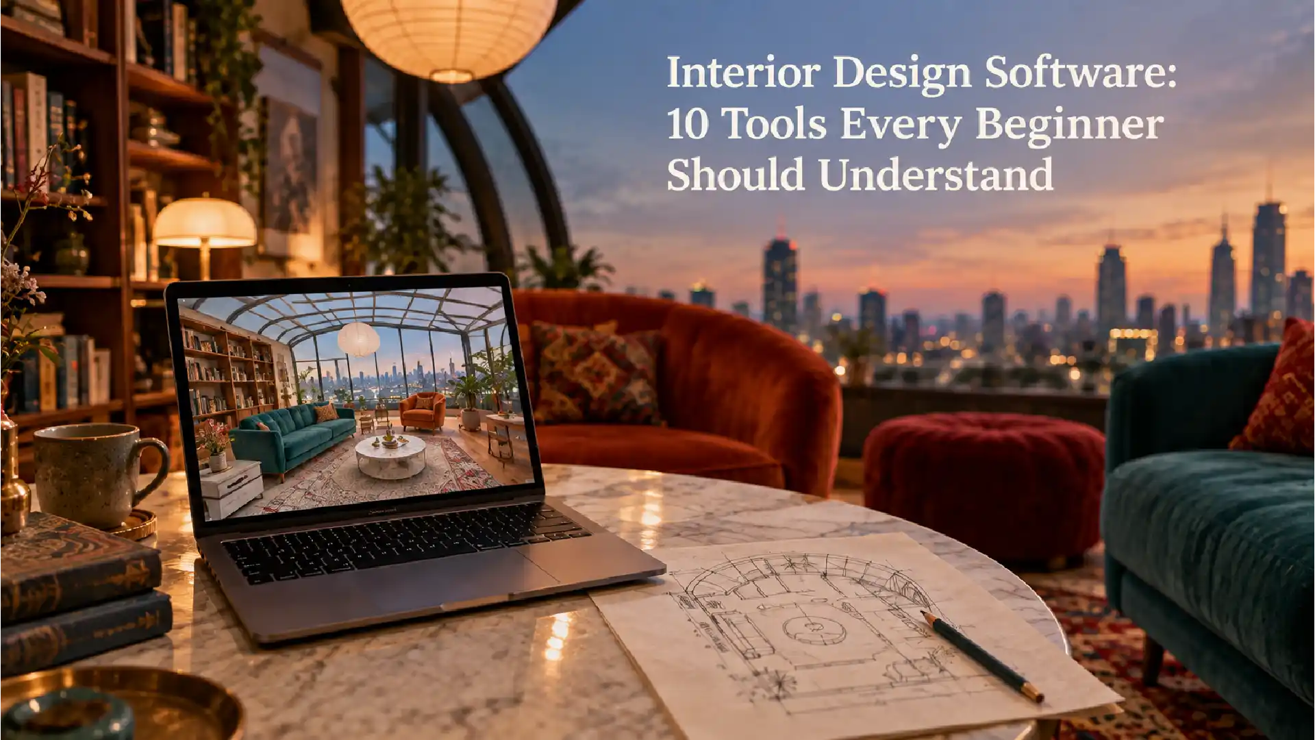 Interior design software displayed on a laptop alongside an interior floor plan in a modern living room.