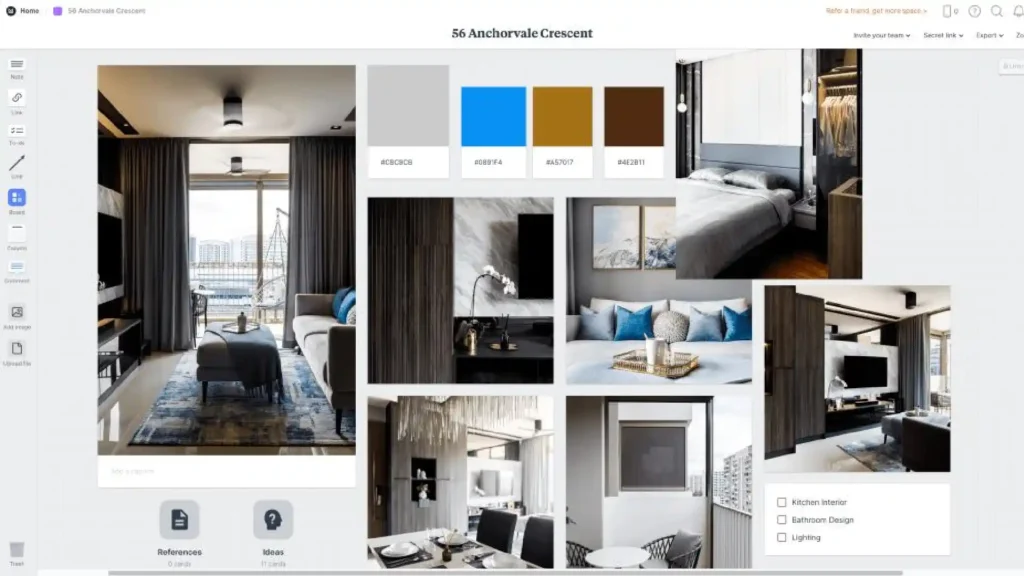 Milanote interior design mood board with room images, furniture ideas, and color palettes