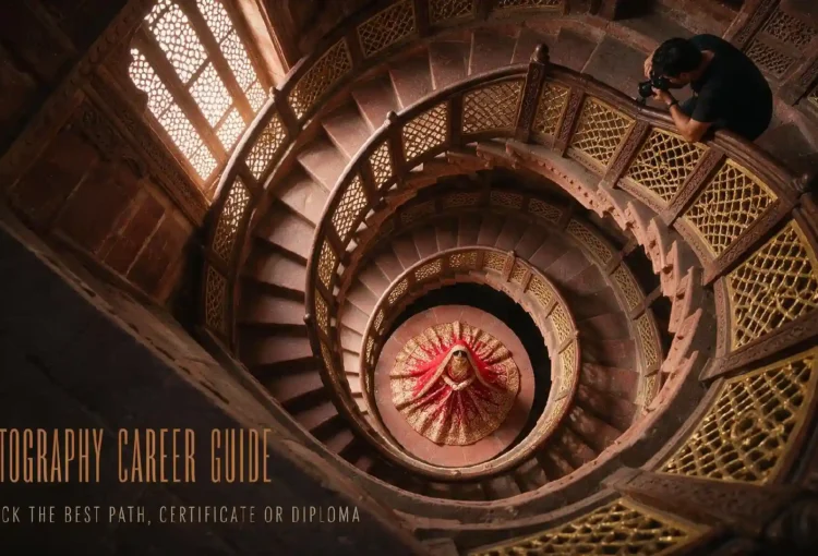 Photographer capturing a traditional fashion scene from an ornate spiral staircase, illustrating a photography career guide.