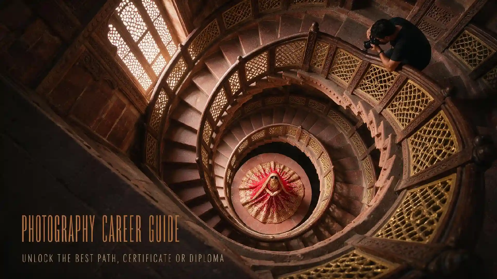 Photographer capturing a traditional fashion scene from an ornate spiral staircase, illustrating a photography career guide.