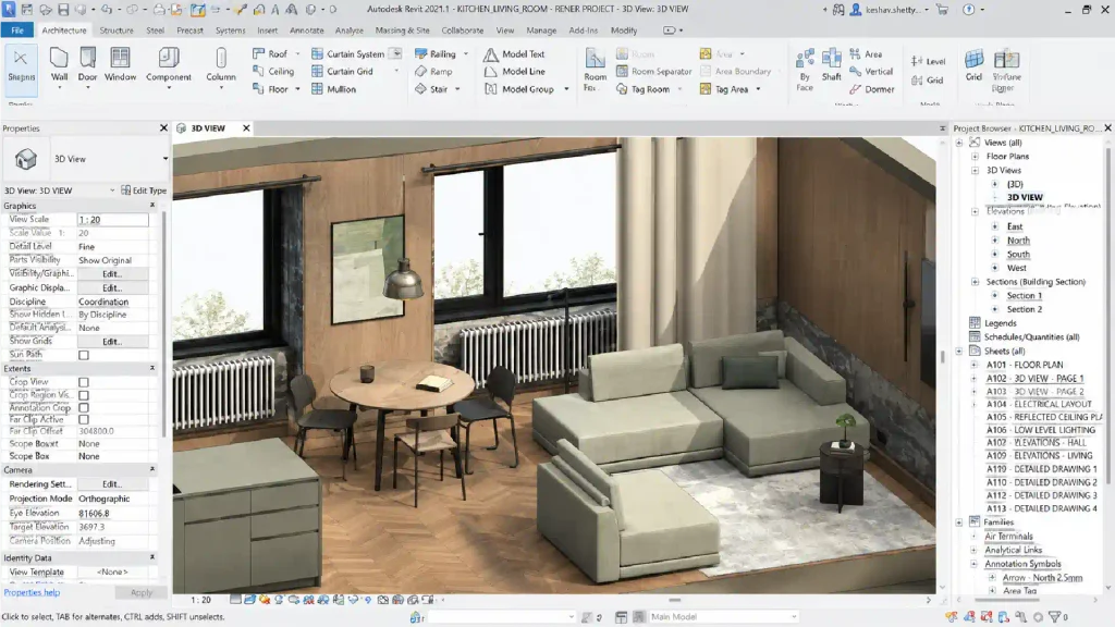 Autodesk Revit 3D view showing a modern living and dining room interior with furniture, windows, wood flooring, and interior finishes.